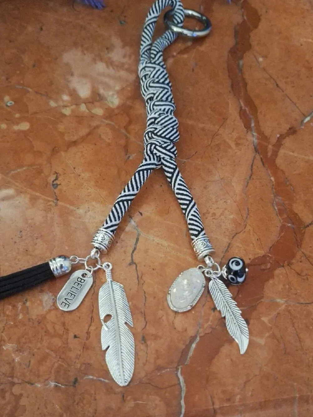 Boho Black & White Braided Tassel Bag Charm Keychain with Feather Charms